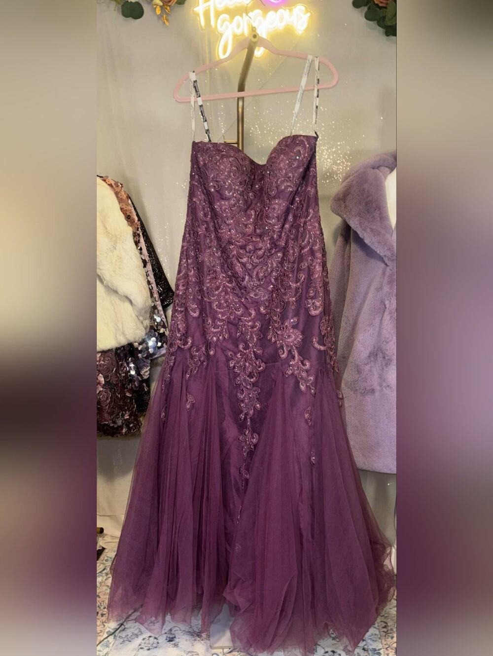 Ivonne D Size 14 Strapless Purple Lace & Tulle Mermaid Gown - Picture 3 of 8